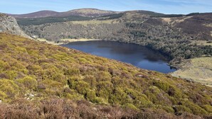 Paesaggio naturale con un lago, colline e vegetazione rada.