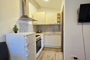 A compact kitchen with white cabinets, a built-in oven, a microwave, and a small potted plant. - Studio Apartment Nia (Zaton)