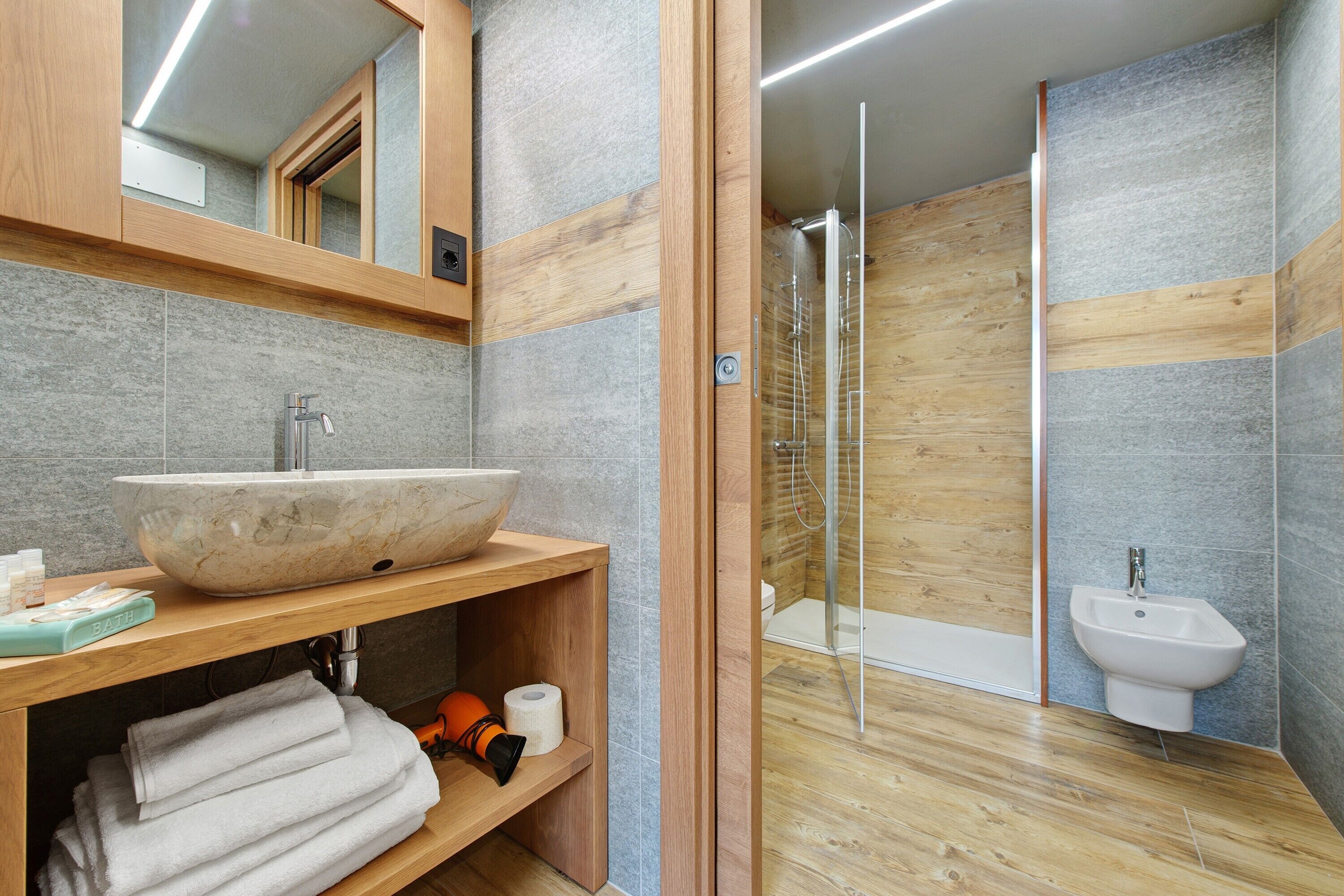 Shower, hair dryer, towels