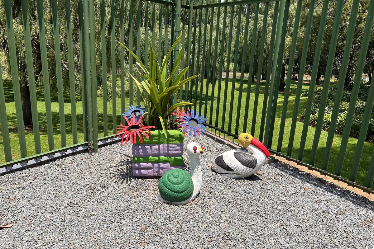 A fenced outdoor area with a gravel surface, a green artificial pond, and a bird sculpture.
