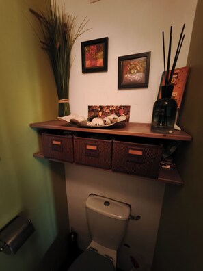 Douche, séchoir à cheveux, serviettes fournies, papier de toilette