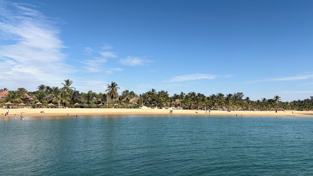 A beach with clear water, palm trees, and a sandy shore. - Charming villa by the sea - Résidence Marysol (Saly)