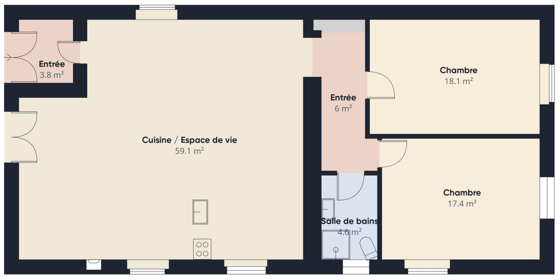 Een plattegrond met een keuken/aanrechtsruimte van 59,1 m², twee slaapkamers van 18,1 m² en 17,4 m², een badkamer van 4,6 m², en een woonkamer van 6 m².