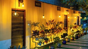 A hotel entrance with a wooden door, potted plants, and hanging light fixtures. - Krishna Serenity Petfriendly 7BHK Farm (Peesangan)