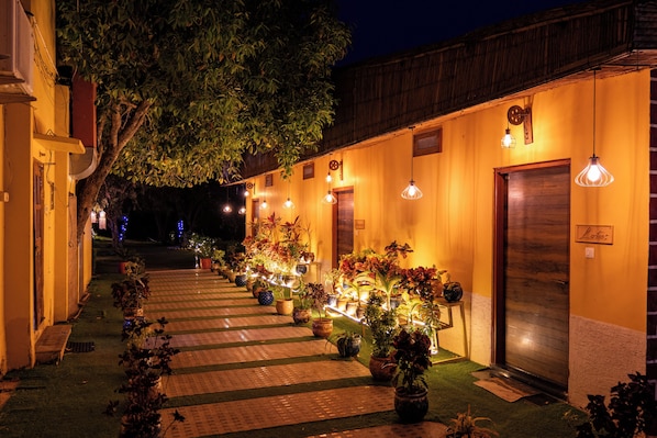 Un chemin bordé de plantes en pot et illuminé par des guirlandes lumineuses, menant à un bâtiment doté de portes et d’une enseigne indiquant « Lotus ».
