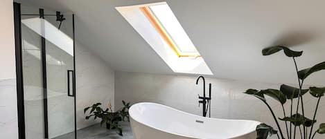 Douche, sèche-cheveux, serviettes fournies, savon