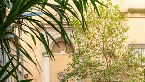 A courtyard with a stone wall, potted plants, and a tree. - DEZA| Monti Incanto Boutique Apartment (Roma)