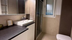 A modern bathroom with a sink, mirror, toilet, and shower.