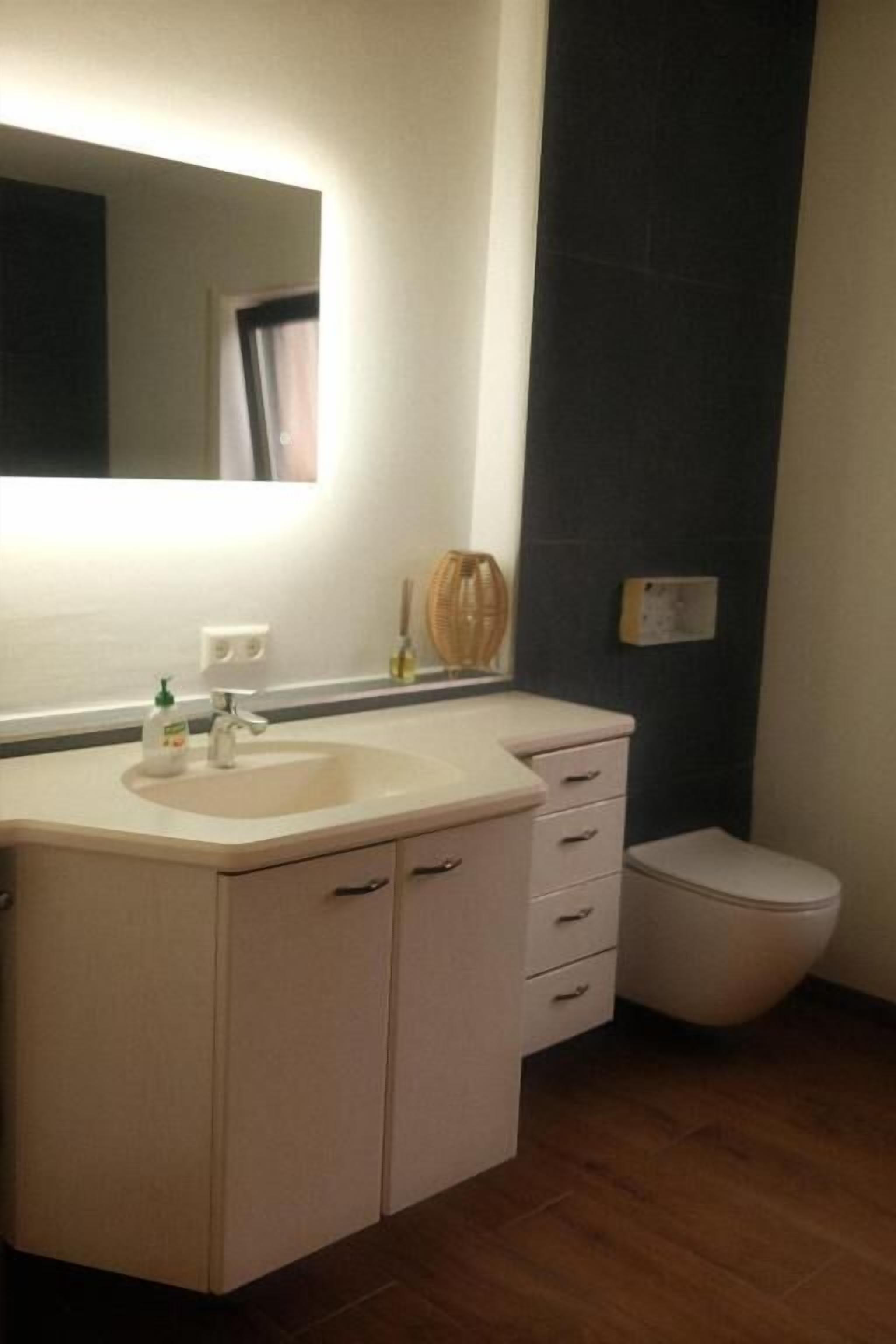 A bathroom with a sink, mirror, and toilet.