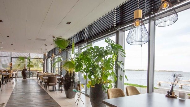 A modern restaurant with large windows, indoor plants, and a view of the water. - Experience Natural Beauty from Classic Room | Near Iguana reptile Zoo (Arnemuiden)
