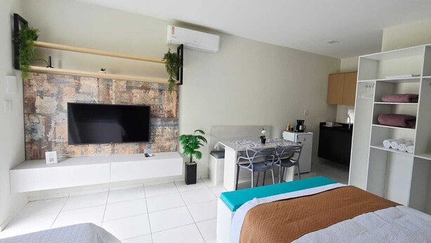 A hotel room with a TV, a desk with chairs, a bed, a wardrobe, and a wall-mounted shelf with plants. - Residencial New Stilo (Aracati)