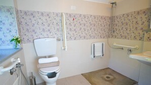 Une salle de bain équipée de toilettes, d’une douche, de barres d’appui et d’un lavabo.