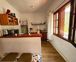Une cuisine avec un comptoir en bois, un four à micro-ondes, une bouilloire et une bouteille posée sur le comptoir. Il y a une fenêtre avec des rideaux et une vue sur la verdure à l’extérieur.