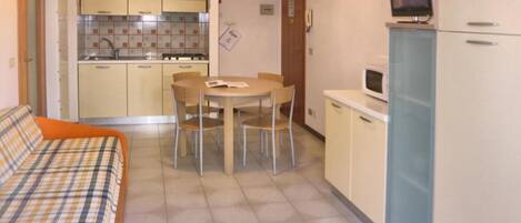 A compact living space with a kitchenette, a dining area, and a sofa.