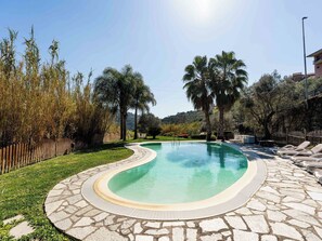 Ein Swimmingpool mit Steinkante, umgeben von Palmen und einem Holzzaun.