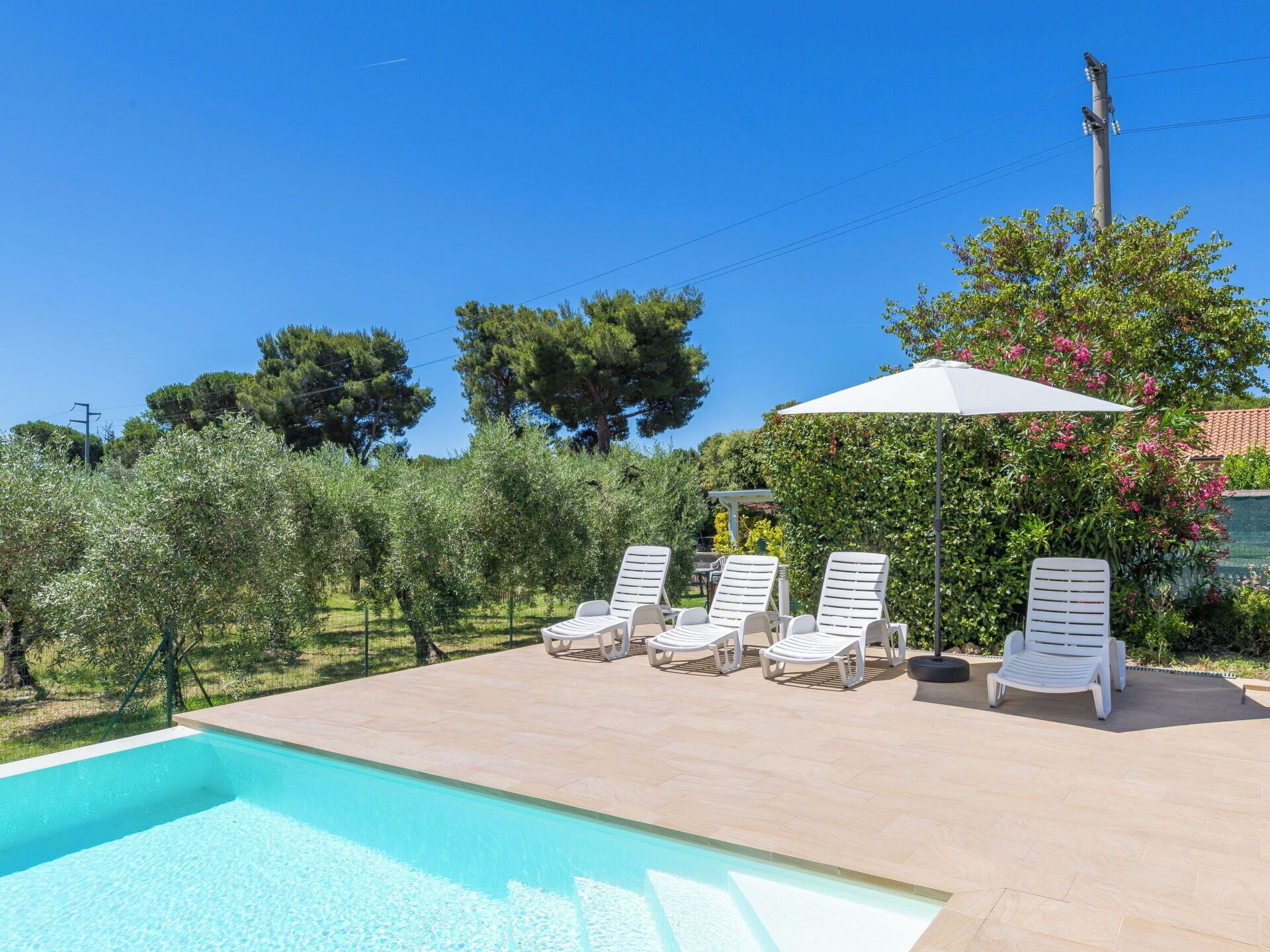 Una piscina con lettini e un ombrellone.