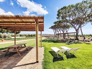 A covered outdoor area with picnic tables and lounge chairs, surrounded by trees and a vineyard in the background. - Lovely apartment for 6 people with A/C, WIFI, TV, patio, pets allowed and panoramic view (Castagneto Carducci)