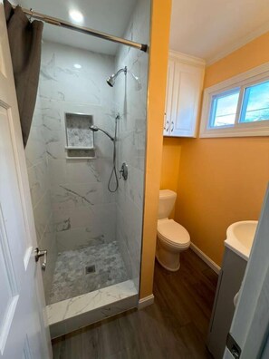 Shower, hair dryer, towels