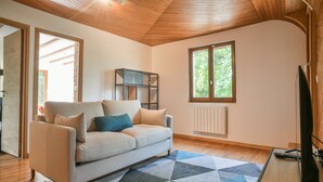 A modern living room with a sofa, a TV, and a geometric rug. - Spacious House with Garden & Gym – Porte de Savoie (Porte-de-Savoie)