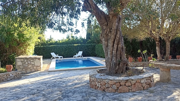 Zona de piscina con paredes de piedra, dos sillas de descanso y plantas en macetas.