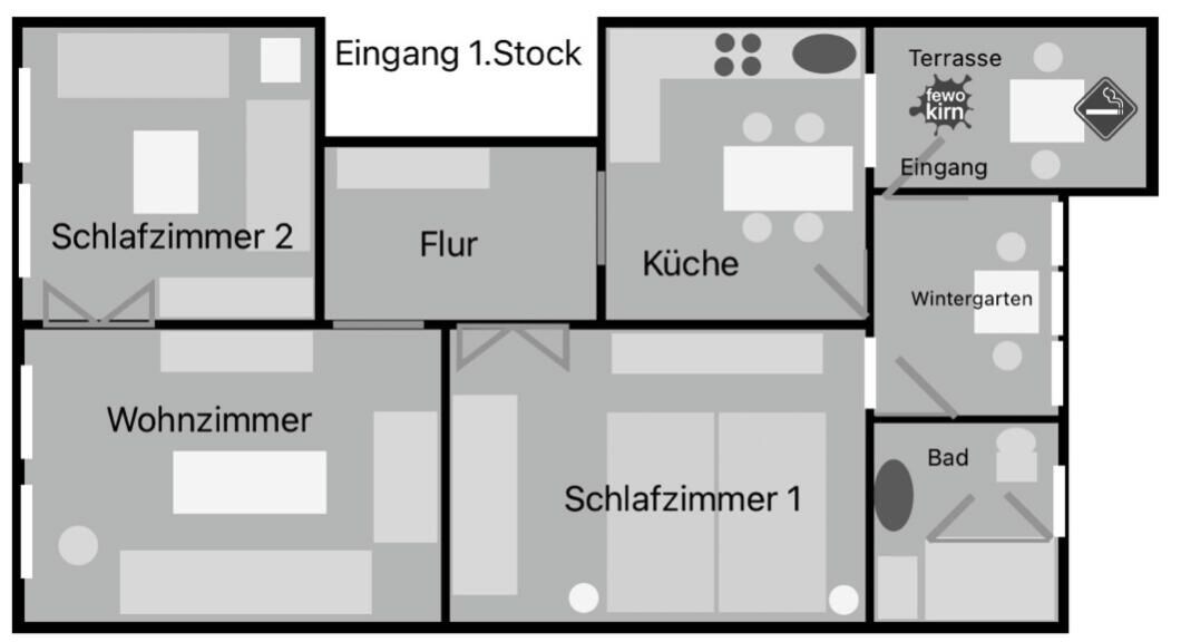 A hotel floor plan with two bedrooms, a living room, a kitchen, a dining area, a bathroom, a winter garden, and a terrace.