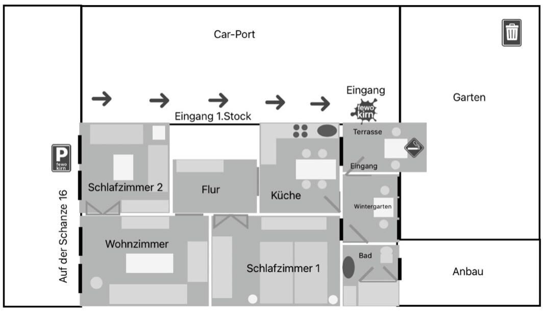 Ein Hotelgrundriss mit einem Autoparkplatz, zwei Schlafzimmern, einer Küche, einem Badezimmer, einer Terrasse und einem Garten.