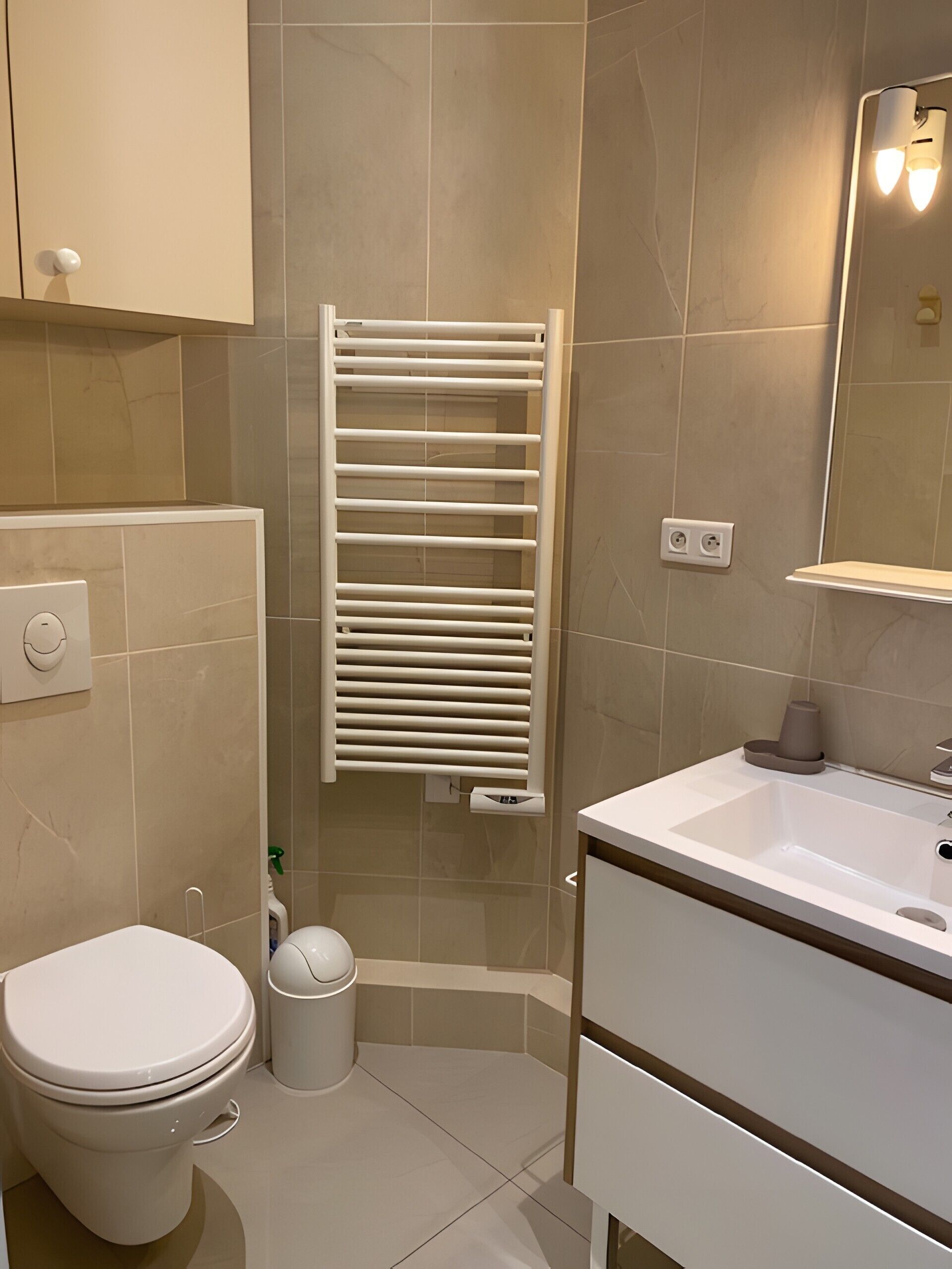 A bathroom with a toilet, a sink, a mirror, and a towel rack.