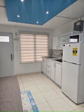 A compact kitchen with a refrigerator, microwave, and stove. - Studio Beauty place (Carolina)