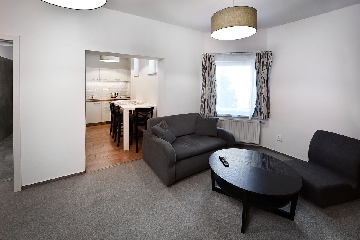 A modern living room with a sofa, a coffee table, and a dining area with chairs and a table.