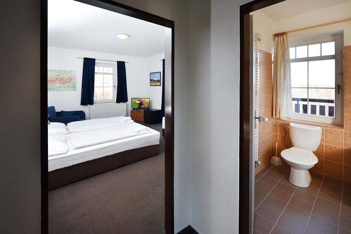 A hotel room with a bed, a window, a radiator, and a toilet.