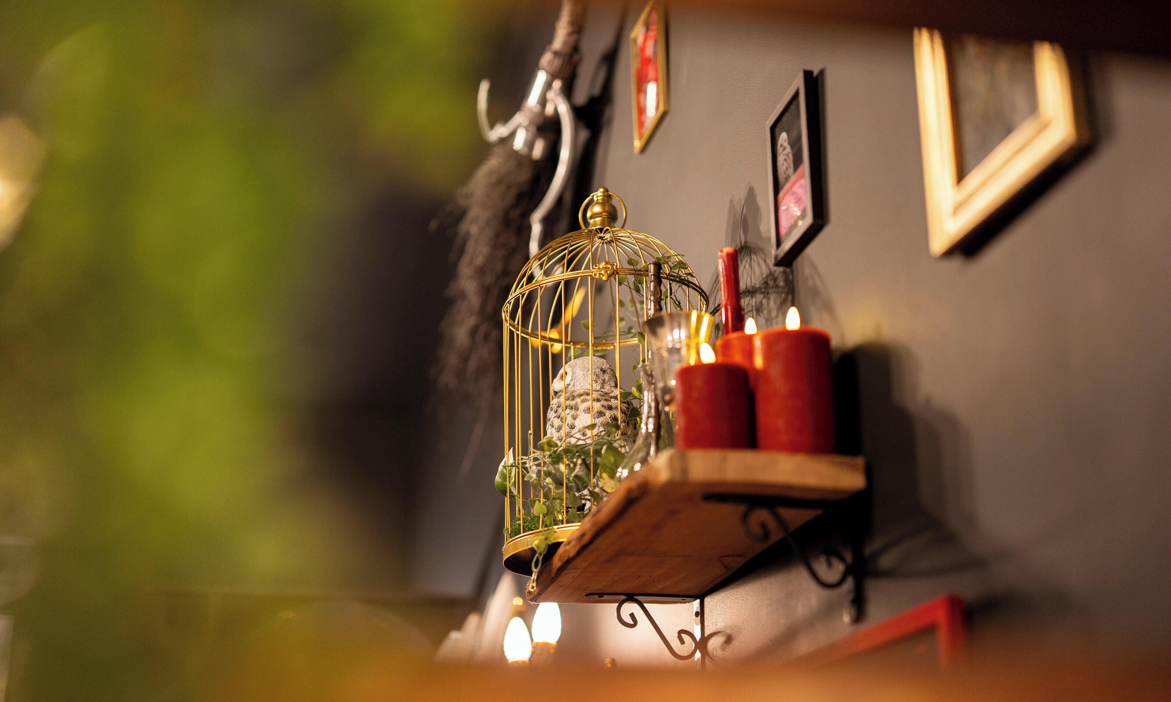 A birdcage with a bird, candles, and wall decorations.