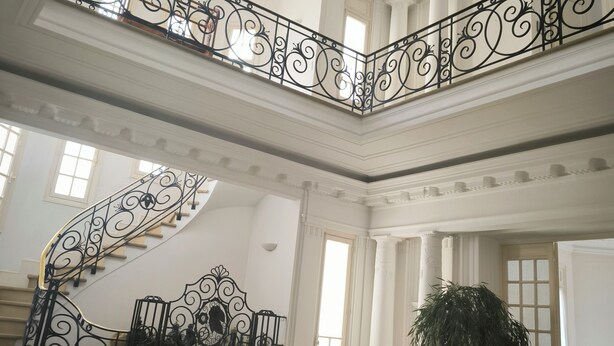 Un intérieur spacieux avec un escalier, un canapé blanc et une grande plante.