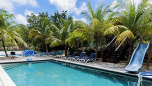 A swimming pool with lounge chairs and a slide, surrounded by palm trees. - Cozy home/Pool/Volleyball court/ near the beach (Providenciales)