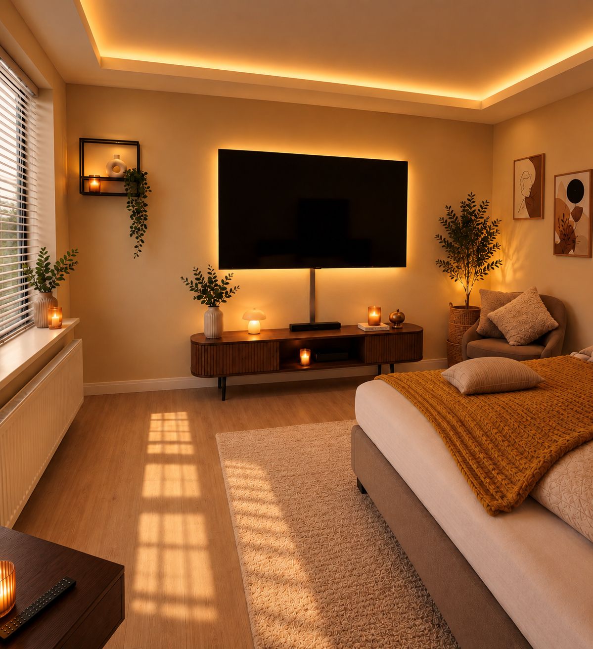 Een moderne slaapkamer met een groot bed, een flatscreen televisie aan de muur, een nachtkastje met een lamp en een raam met zonwering.
