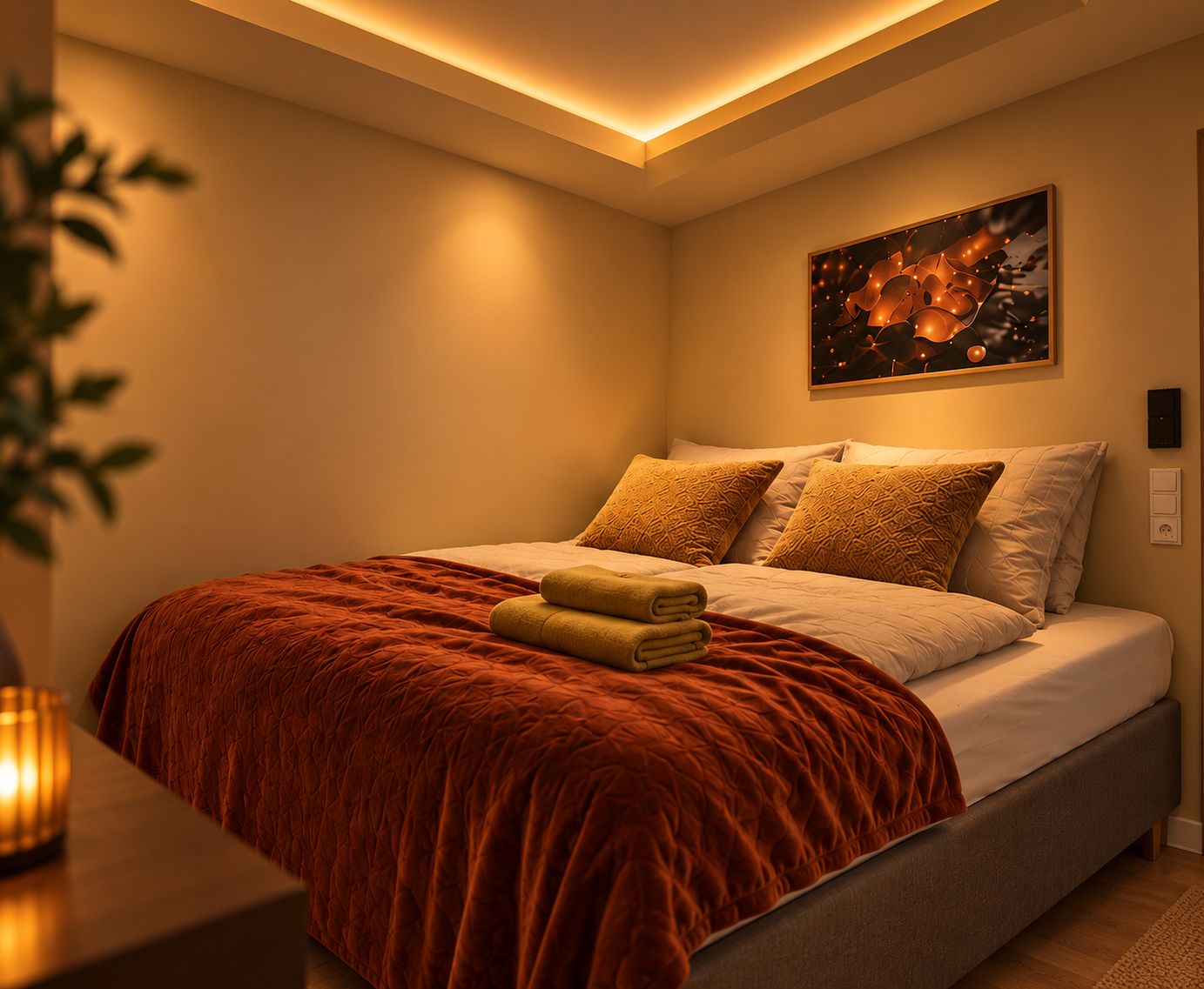 A modern bedroom with a bed, a painting, and a bedside table with a lamp.