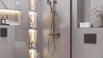 Hair dryer, towels, soap, toilet paper