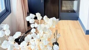 Pieni, käytännöllinen keittiö, jossa on tummat kaapit, pesuallas, kahvinkeitin ja astianpesukone.