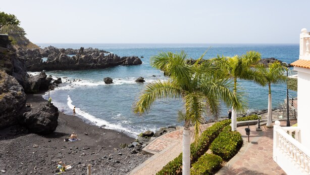 A coastal view with rocky terrain, palm trees, and a building with a tiled roof. - Sea, Sun & Relax in Alcalá (Guía de Isora)