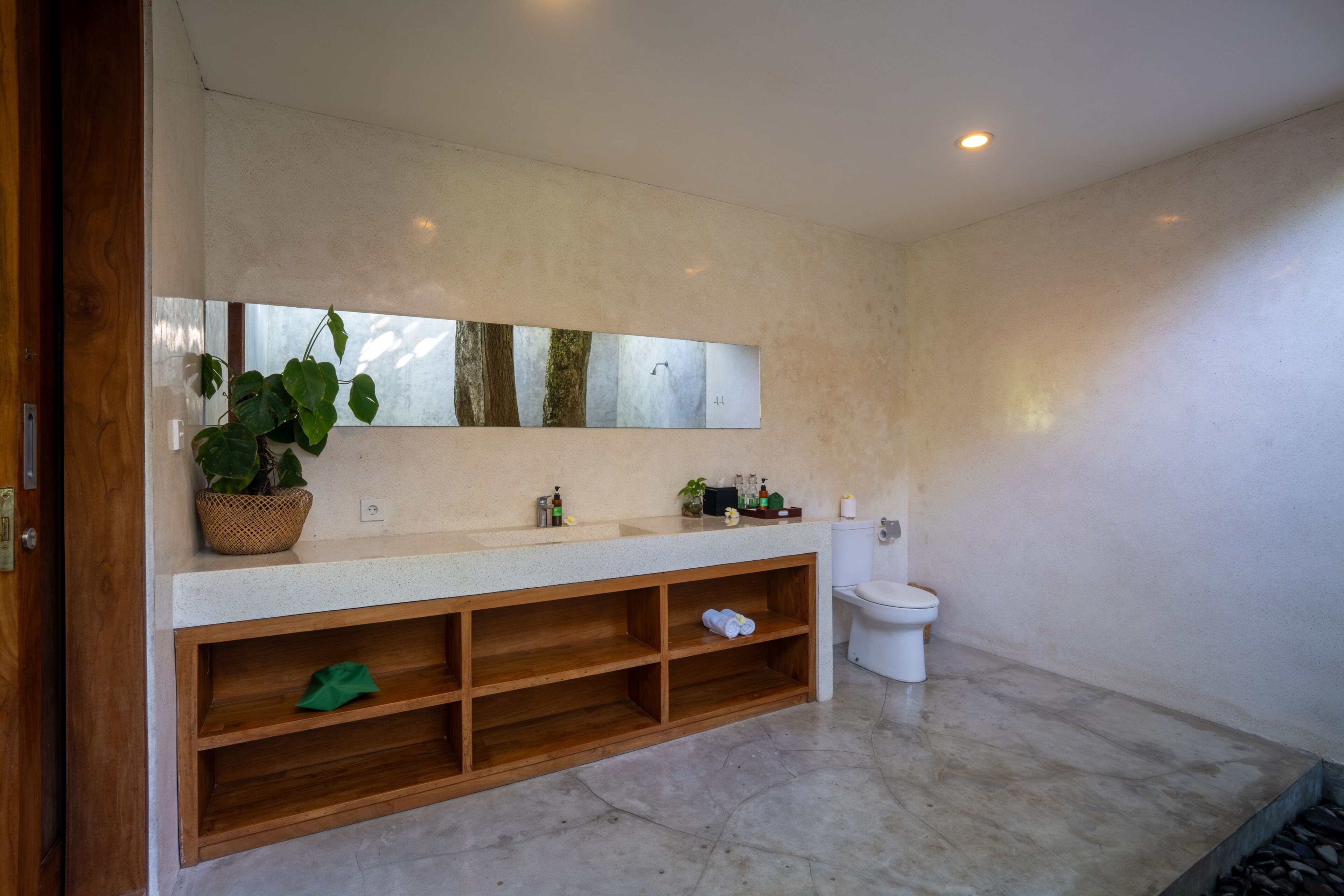 A bathroom with a wooden vanity, a large mirror, a potted plant, and a toilet.