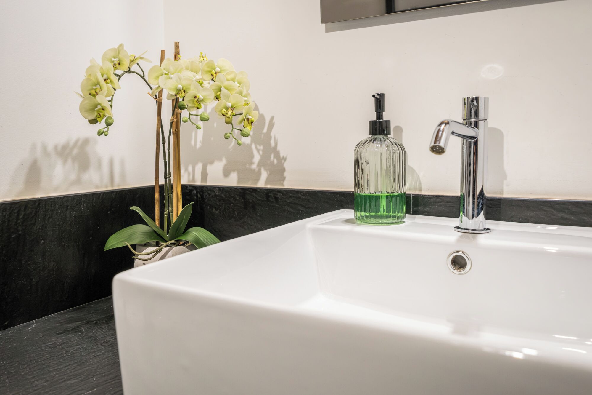 A bathroom with a white sink, a green bottle, and a bamboo plant.