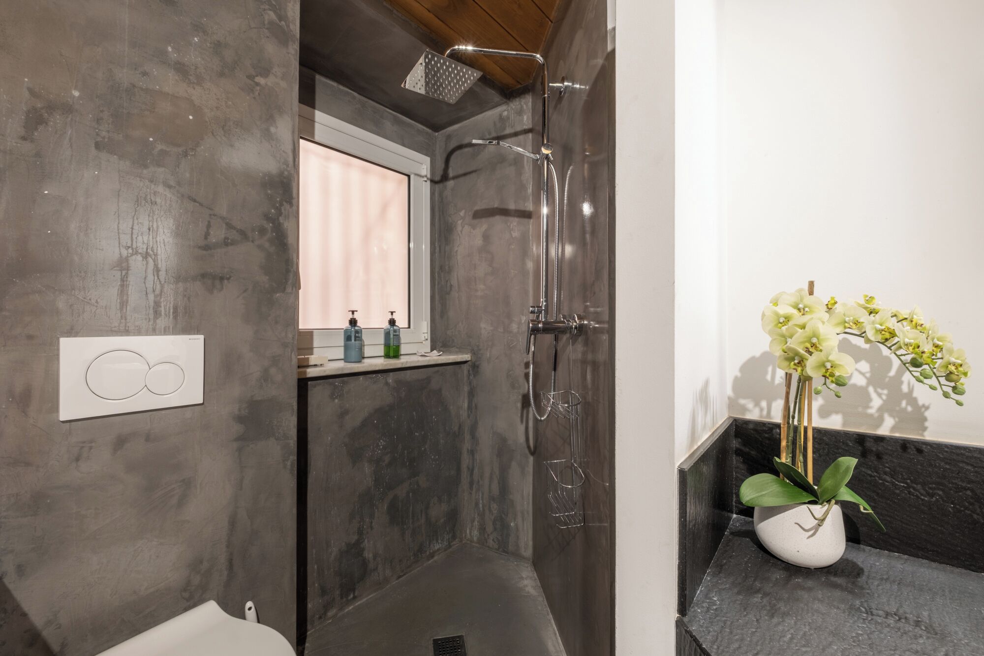 A bathroom with a shower, a toilet, a sink with a potted orchid, and a towel rack.