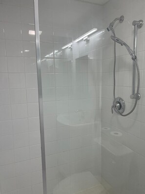 Shower, towels, soap, toilet paper
