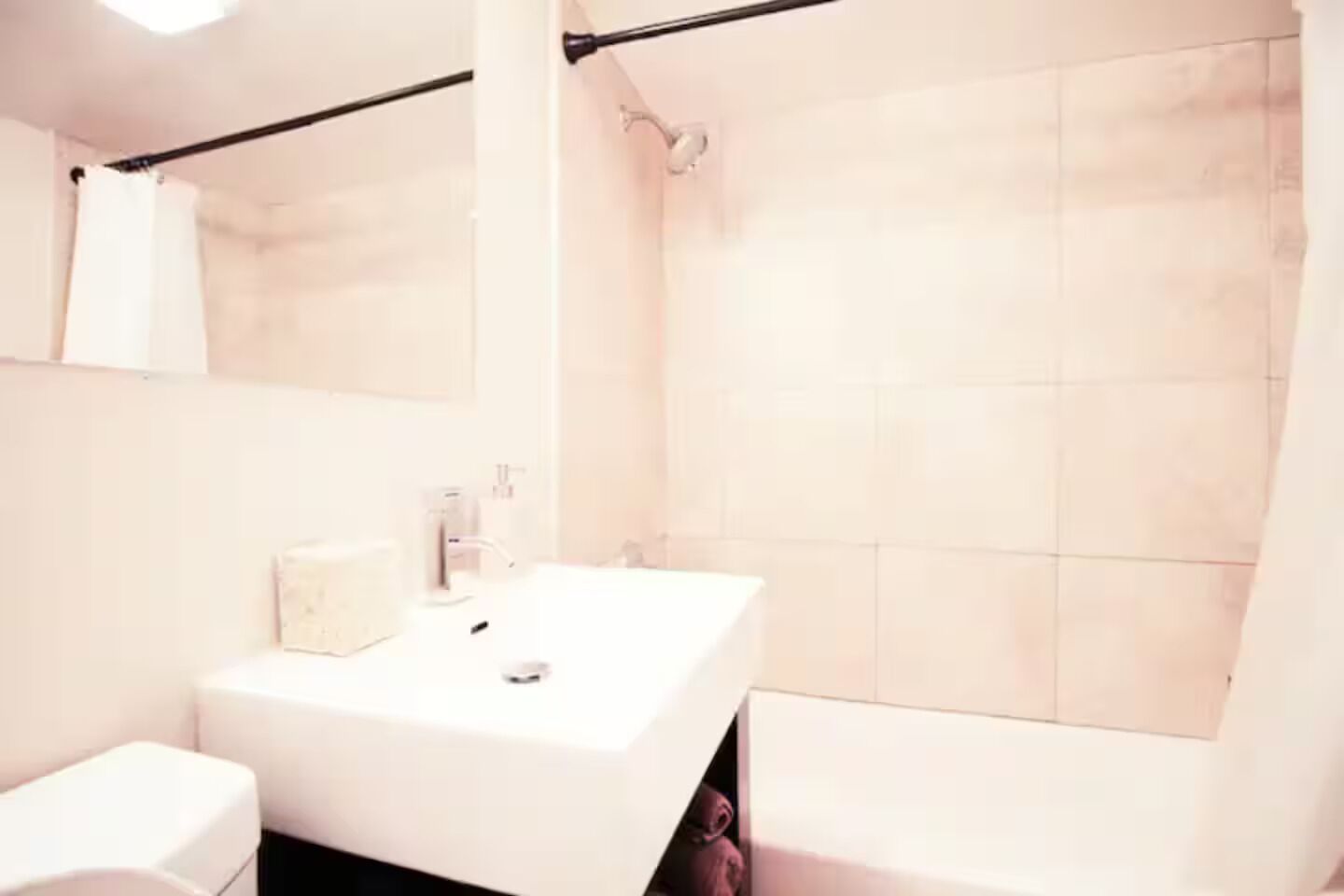 Shower, hair dryer, soap