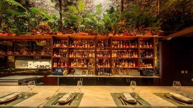 A bar area with a long counter, multiple shelves of bottles, and a tropical plant backdrop. - The Daydrift | King | Low-Key Hideaway, Easy Flow, Night Energy | 2 Units (Miami Beach)