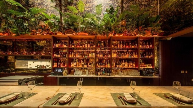 A bar area with a long counter, multiple shelves of bottles, and a tropical plant backdrop. - The Daydrift | 2BR Suite | Close to the Pulse, Comfortably Apart | 2 Units (Miami Beach)