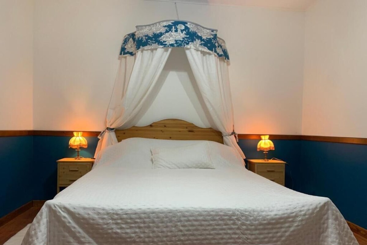 A bed with a canopy, two bedside lamps, and a wooden headboard.