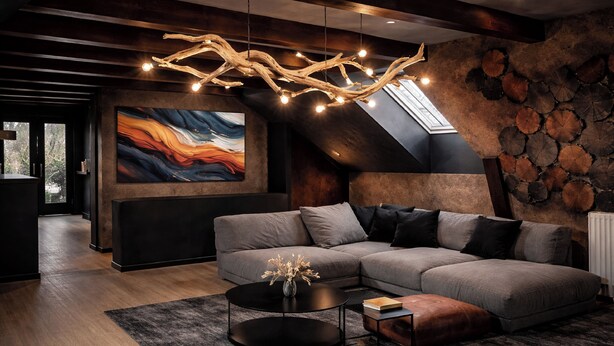 A modern living room with a sectional sofa, a round coffee table, and a unique light fixture. - Four Seasons - Carnival Summer Lounge (Aalborg)