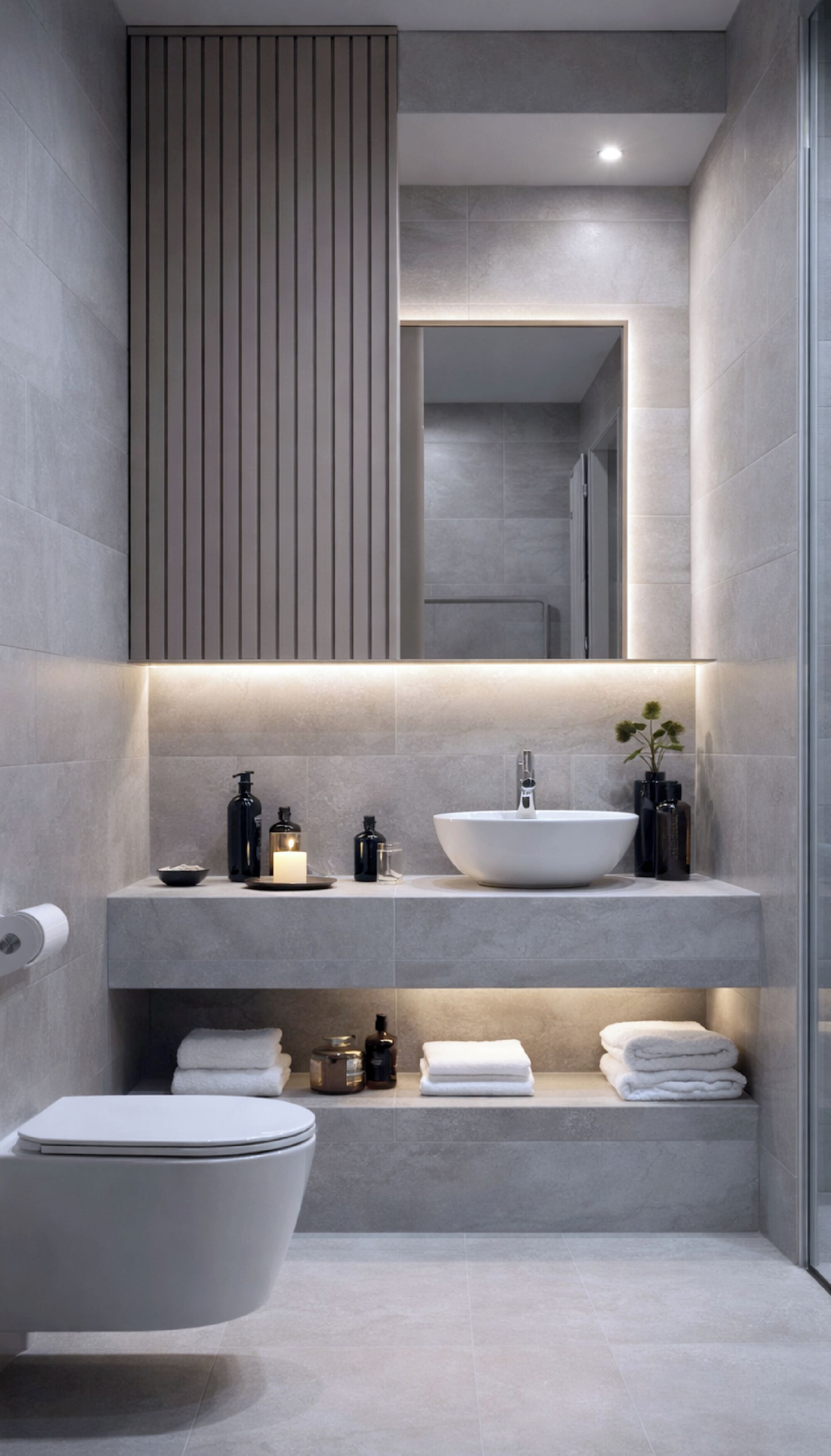 A modern bathroom with a freestanding bathtub, a large mirror, and a vanity with a sink and toiletries.