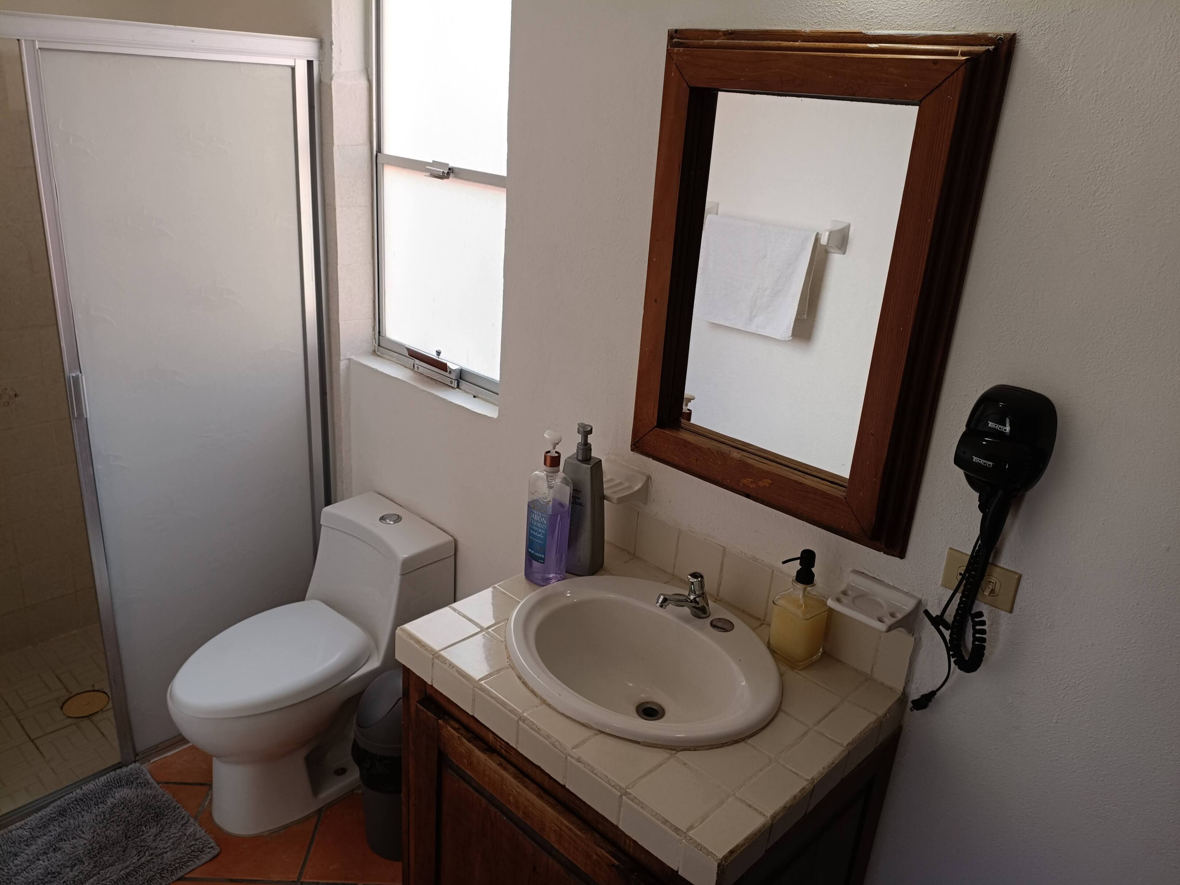 A bathroom with a toilet, sink, mirror, and window.