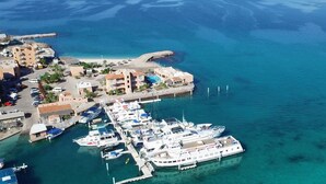 Vista aérea de un puerto deportivo costero con barcos amarrados, una playa y edificios.